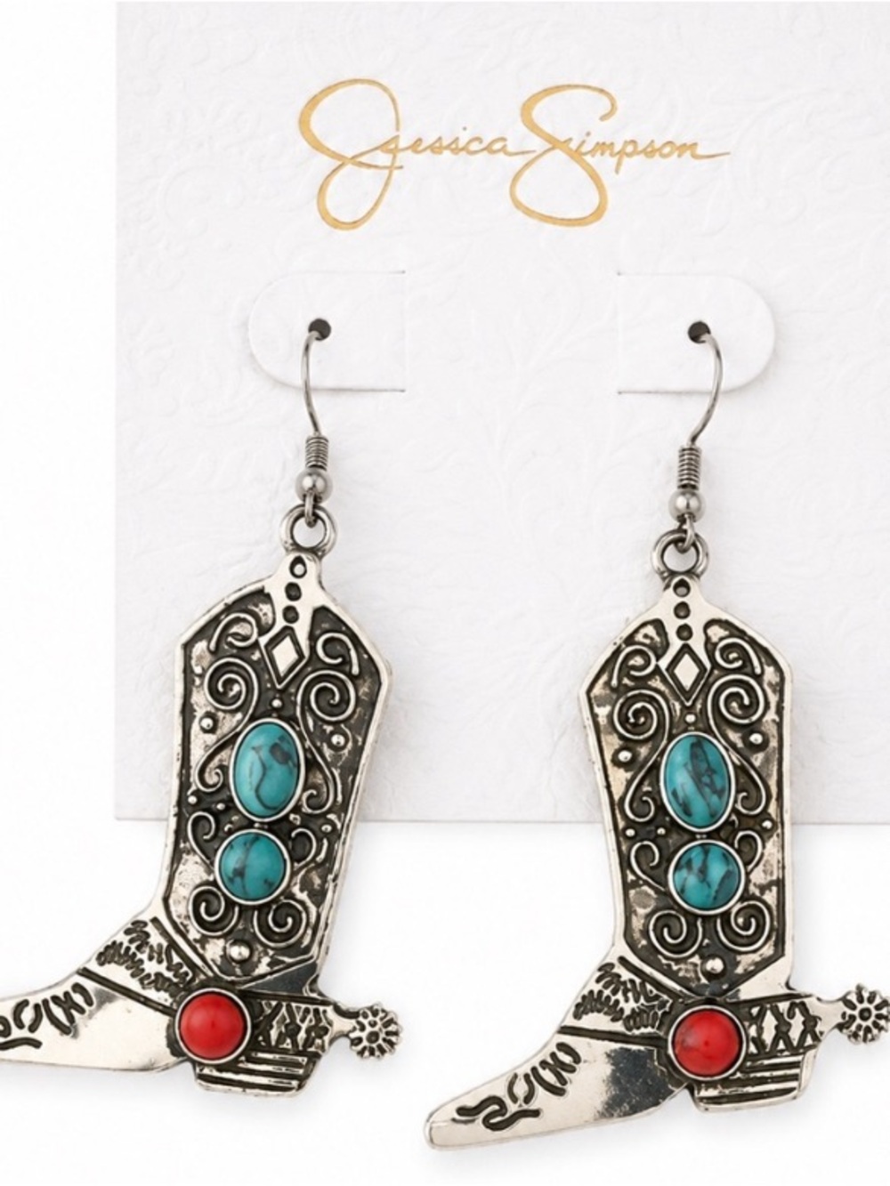 Jessica Simpson Silver-Tone Turquoise & Coral Western Boot Drop Earrings